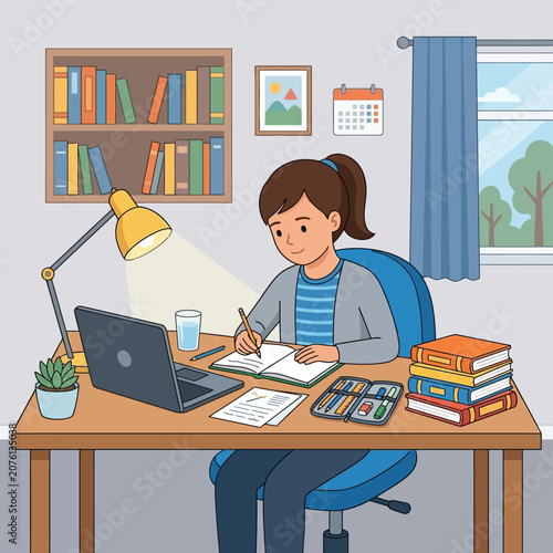 Young Woman Studying and Working at Home Desk with Laptop and Books in a Cozy Room Illustration