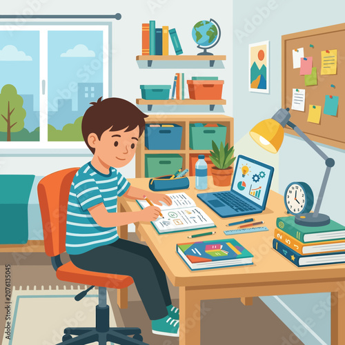 A young boy diligently doing his homework at a desk with a laptop and lamp, surrounded by books and study materials in a bright room
