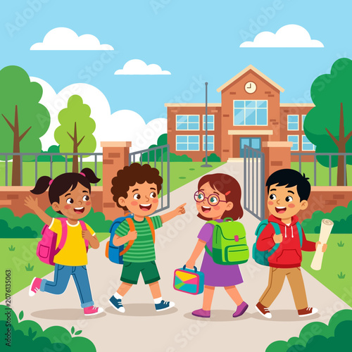 Happy diverse school children with backpacks walking to school building illustration