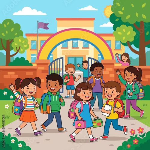 Happy diverse elementary students, with backpacks and smiles, walk towards a vibrant school building with a rainbow gate, eager for a new day of learning and friendship