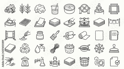 Photos Collection of hand-drawn icons representing the papermaking process, from raw materials to finished products