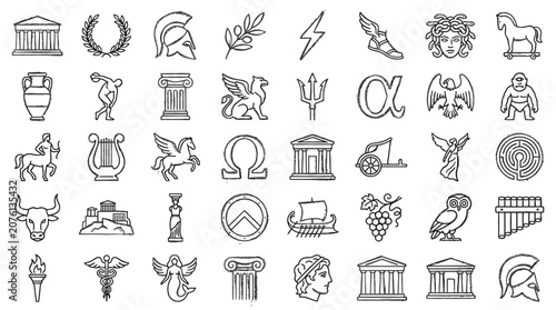 Tableau sur toile Collection of Ancient Greek Mythology Symbols and Icons in a Line Art Style
