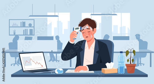 Stressed Businessman Measuring High Body Temperature at His Office Due to Financial Loss