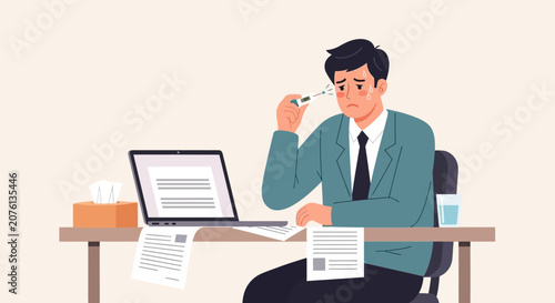 Stressed Businessman Feverish, Looking into Thermometer While Working at Desk