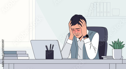 Stressed Businessman Overwhelmed at Desk Cartoon Illustration, Mental Health Struggle Office Worker