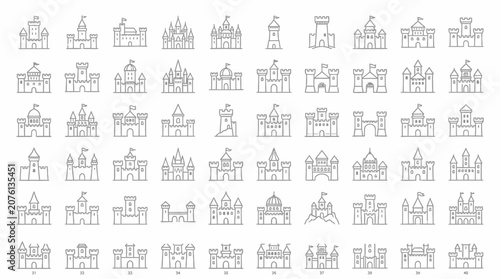 Collection of Outline Icons Representing Various Castles and Fortresses.