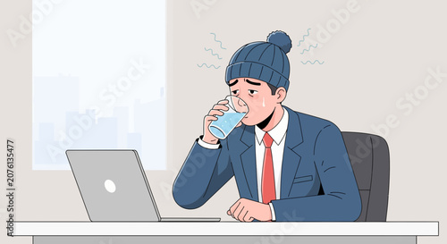 Stressed Businessman Hydrating While Wearing a Winter Hat at the Office
