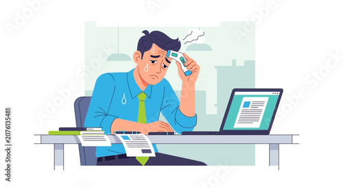 Stressed Businessman Measuring Temperature and Working In Office Environment To Complete Project