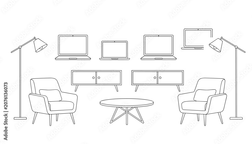 Fototapeta premium Minimalist line art drawing of a symmetrical living room setup with armchairs, tables, lamps, and floating laptops.