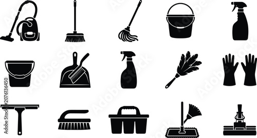 Foto Cleaning Tools and Housekeeping Equipment Silhouette Icon Set