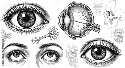 Tableau sur toile Vintage Human Eye Anatomy Vector Set Featuring Detailed Sketches of Eyeballs Cro