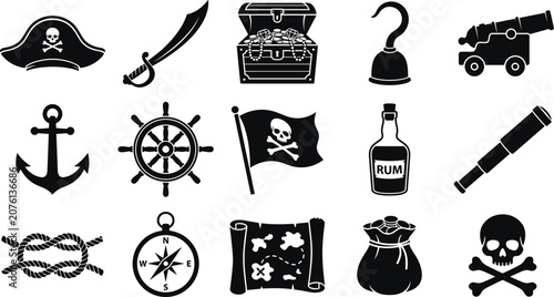 Quadro su tela Pirate icons and maritime adventure elements flat silhouette vector se