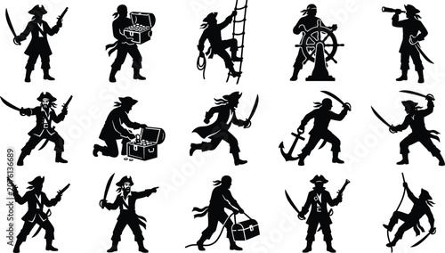 Fotografie Pirate characters and corsair crew silhouettes with weapons and treasure chests