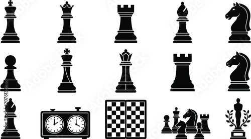 Fotografía Chess pieces and board game icons flat silhouette vector set featuring king quee