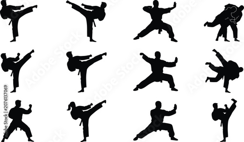 Bild auf Leinwand Martial arts fighters silhouettes and combat sport discipline black vector illustration set featuring karate taekwondo judo and kung fu poses in image_7f1fdf