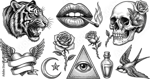 Foto Vintage Traditional Tattoo Flash Vector Set Featuring Roaring Tiger Skull Rose L