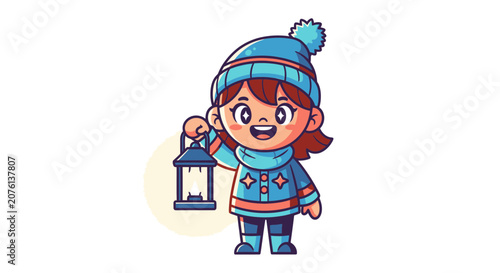 Cute Cartoon Girl Holding A Lantern In Winter Clothing