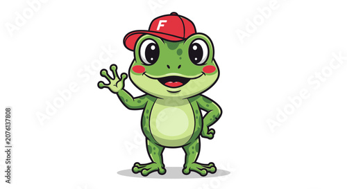 Cute Cartoon Frog Mascot Waving with Red Cap