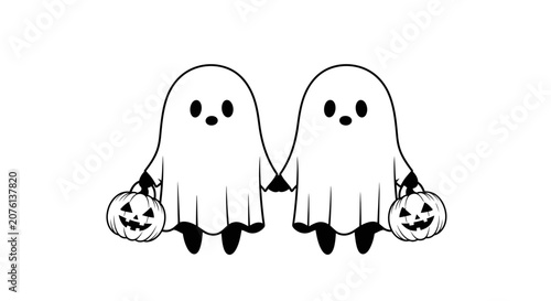 Cute Cartoon Ghosts Holding Jack-o-lanterns Halloween Illustration