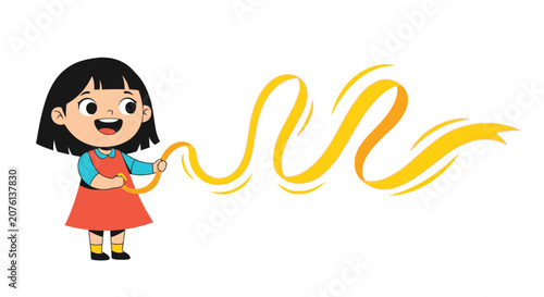 Cute Cartoon Girl Playing with a Long Wavy Yellow Ribbon