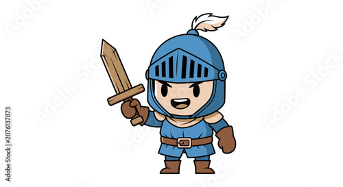 Cute Cartoon Knight Character Holding a Wooden Sword