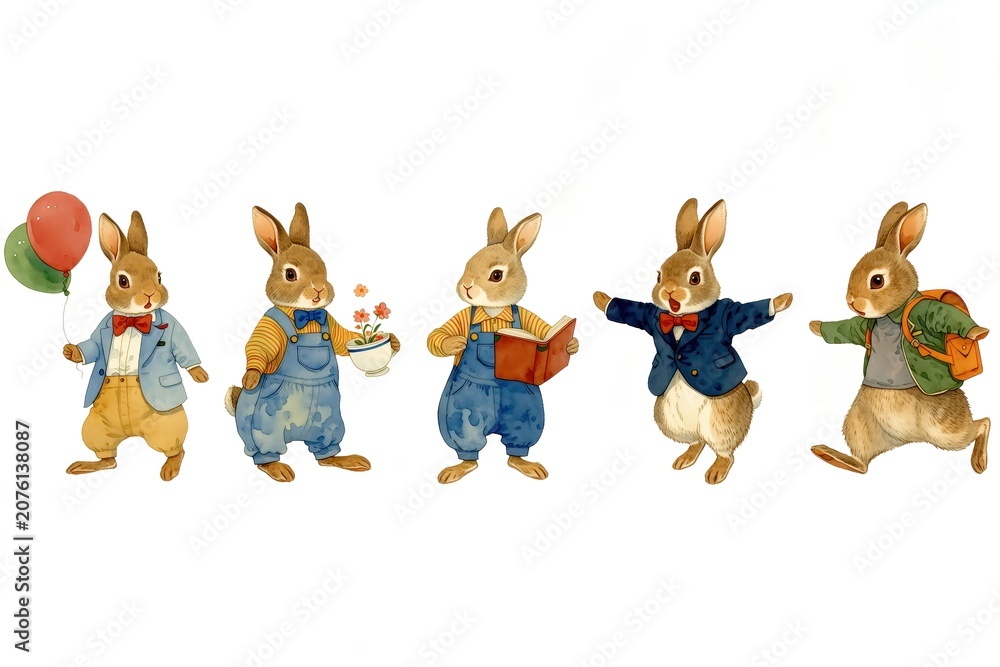 Fototapeta premium Five anthropomorphic rabbits dressed in vintage clothing engaging in various playful activities