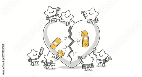 Cute Cartoon Stars Repairing a Broken Heart Concept Illustration