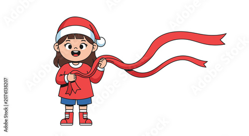 Cute Girl in Santa Hat Holding Red Ribbon on White Background