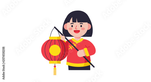 Cute Girl Holding Traditional Chinese Lantern for Lunar New Year Celebration