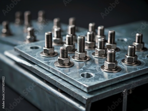 Closeup of multiple metal plates with bolts and nuts  industrial hardware components