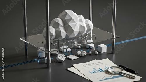 Cloud computing concept with 3D geometric shapes and business documents on a glass table