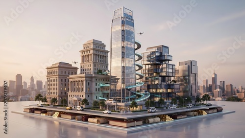 Future cityscape with modern skyscrapers and urban landscape architecture
