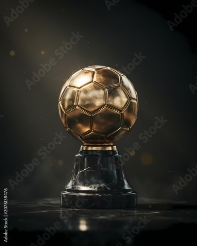 Golden soccer ball trophy on a black marble pedestal  award for football excellence