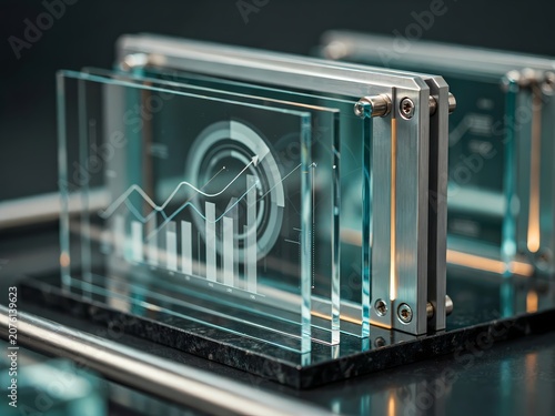 Glass box with metal frame and business graph on transparent display  financial data visualization tool