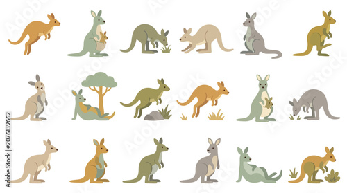 Photos Collection of cute kangaroos in various poses and colors, some with joeys in pouches, set against a white background