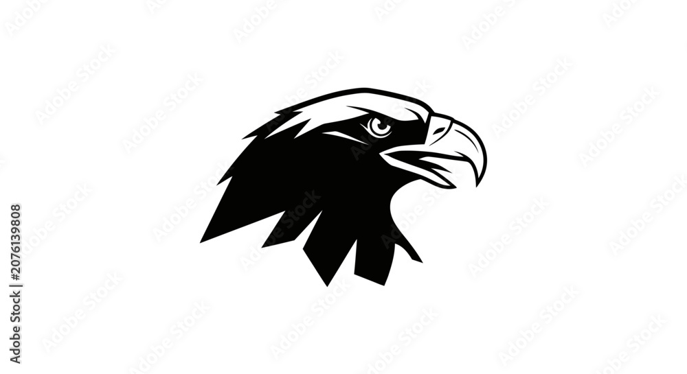 Fototapeta premium Black and white eagle head silhouette, aggressive look, isolated on white background