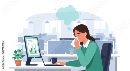 Sick Employee Working At Modern Office, Showing Symptoms Of Flu and Being Unwell Now