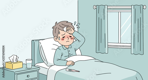 Sick Child Resting In Bed While Experiencing High Fever with Cold Symptoms, Cartoon Style