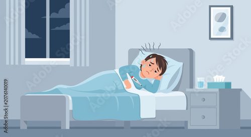 Sick Child Resting In Bed While Measuring Temperature At Home During The Night