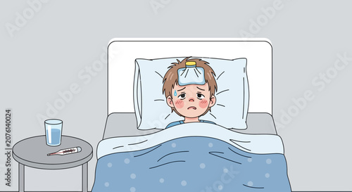 Sick Child Resting In Bed With A Compress And Thermometer Beside On Table