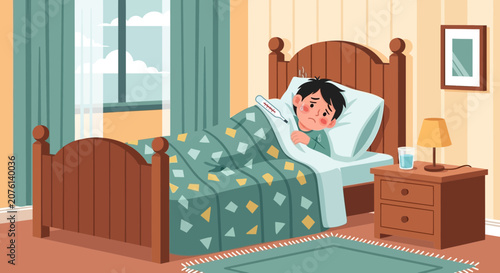 Sick Child Resting In Bed With Fever, A Depiction Of a Common Childhood Illness