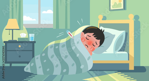 Sick Child Resting in Bed With a Thermometer Under the Covers and Feeling Miserable