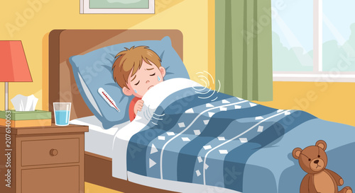 Sick Child Resting in Bed With Headache and High Fever, Feeling Unwell and Ill