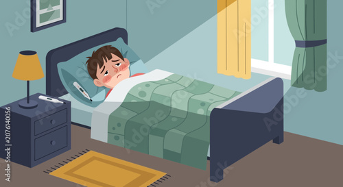 Sick Child Resting In Bed With High Temperature Displayed On Thermometer
