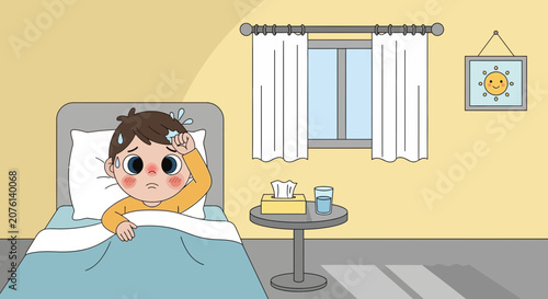 Sick Child Resting In Bed With Symptoms Of Fever And Discomfort, Seeking Comfort