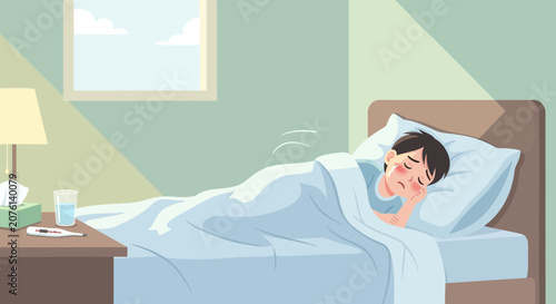 Sick Child Resting in Bed, Comfort, Relief, And The Need for Attention, Illustration