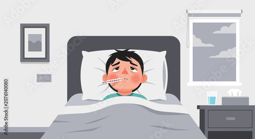 Sick Child Resting In Bed With Thermometer, Fever And Home Remedies For Recovery