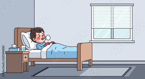 Sick Child Resting In Bed, Depicting Illness And Recovery During A Disease Outbreak