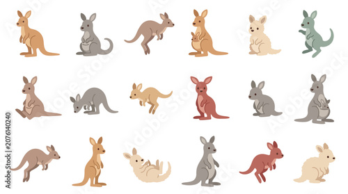 Tableau sur toile Collection of various kangaroos in different poses and colors, isolated on a white background