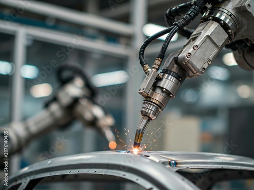 Industrial robot arm welding metal car part in factory setting with sparks flying everywhere